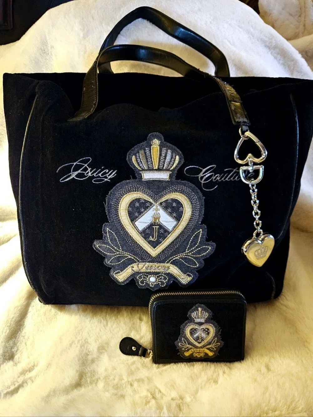 2 Pc. Juicy Couture Y2k Black Gold Velvet Tote Bag with Matching Wallet